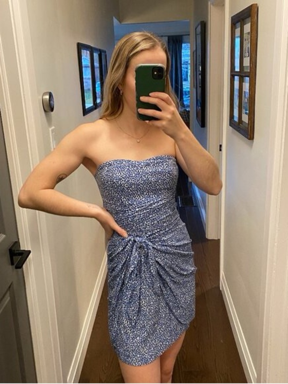 Club Monaco Strapless Blue Floral Ruched Mini Dress